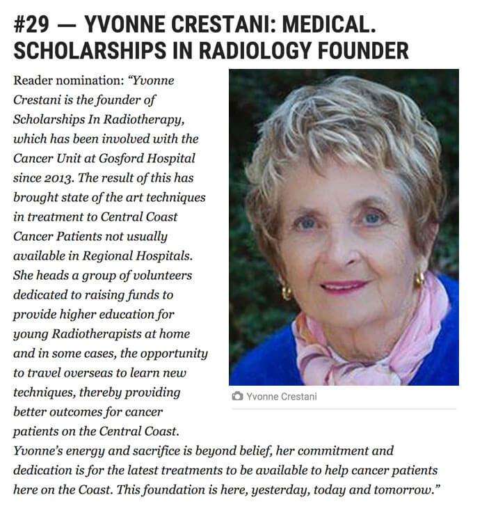 News article from The Daily Telegraph naming Yvonne Crestani as one of the top 100 most influential people in 2018