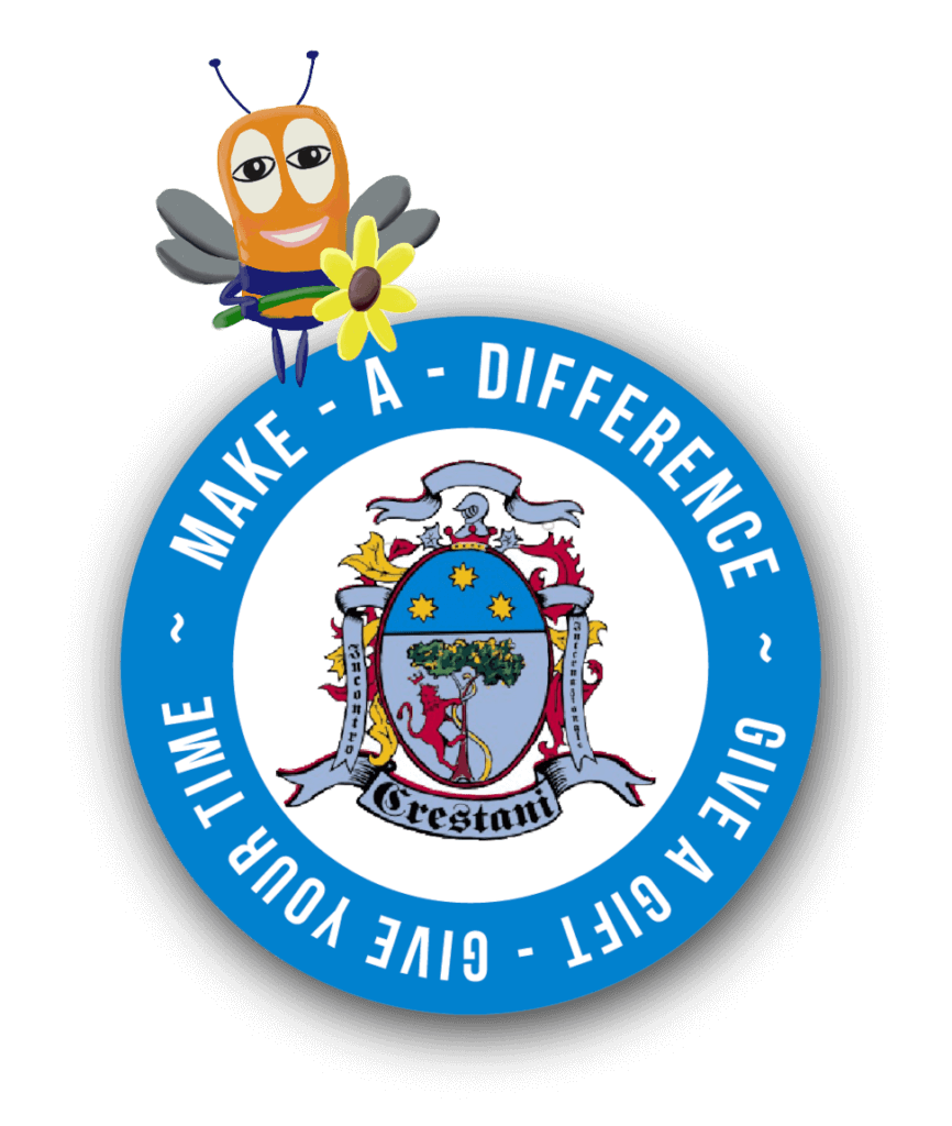 Crestani crest with a bee holding a flower and text saying Make a Difference - Give a gift - Give your time